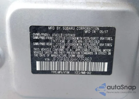 2017 Subaru Crosstrek 2.0I Premium z USA, uszkodzony, nr VIN JF2GPADC8HH275862